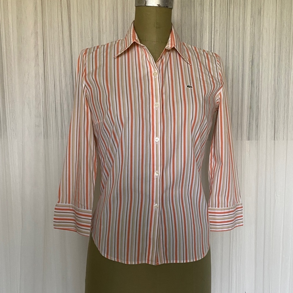 Y2K Women Lacoste Multicolor Striped Button-Down Shirt Size 38 (6)